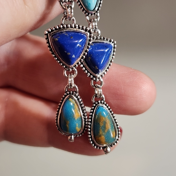 Silver Plated With Lapis Lazuli & Turquoise Dangle Earrings - Picture 5 of 11